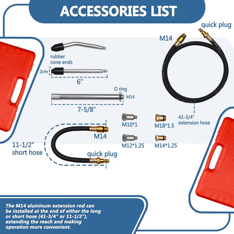 Handor compression leakdown tester accessories: hoses, short and extension hoses, M14/M18 adapters, quick plug.