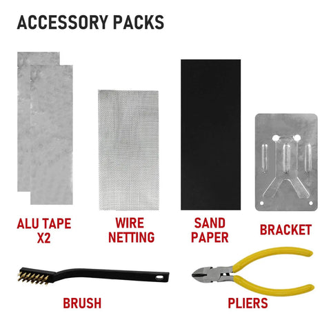 Accessory pack with alu tape, wire netting, sand paper, bracket, brush, and pliers for Two In One Plastic Welder Kit With Soldering Iron