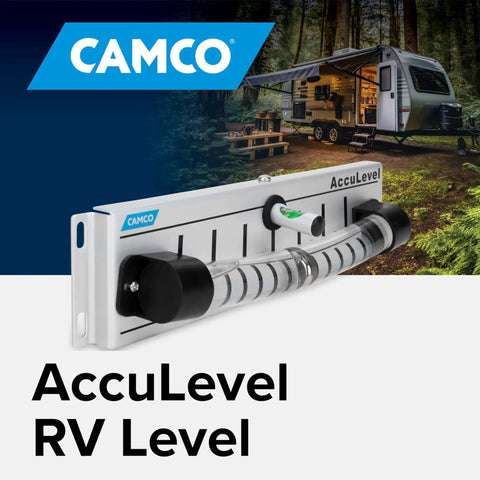 AccuLevel RV Leveling System With Dual Front To Back And Side To Side Indicators For Easy Install And Accurate Readouts For Campers And Trailers No Hassle Setup Camco with RV in background.