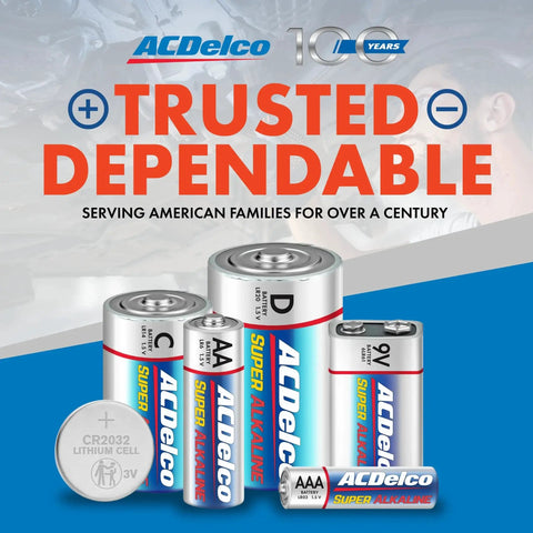 ACDelco battery lineup featuring D, 9V, AA, AAA, and CR2032 cells with 'Trusted Dependable' text for home office.