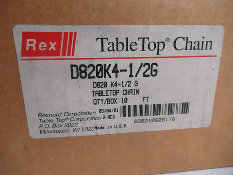 Box label for Acetal Flat Top Conveyor Chain D820K4-1/2G Rexnord, 1 1/2 In Pitch, 4 1/2 In Wide, 10 Ft Length, Medium Duty Tabletop Chain