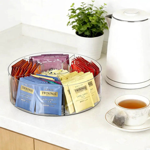 Extra Large Drink Packet Organizer With 360 Degree Rotating Lazy Susan Turntable Acrylic Pantry Organizer on kitchen counter