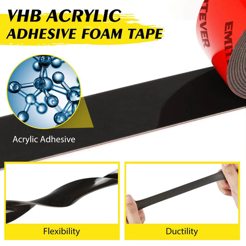 Heavy Duty Double Sided Tape With Acrylic Foam Mounting Tape 1 Inch By 16.4 Feet Waterproof And Strong Two Sided Adhesive For Walls Automotive And Home Office Decor Without Drilling Or Screwing showing VHB acrylic adhesive with flexibility and ductility features