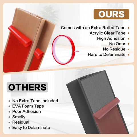 Comparison of adhesive tape options with features highlighted, contrasting high adhesion, no residue acrylic tape versus EVA foam tape.