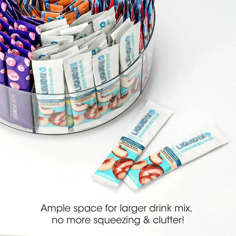 Extra Large Drink Packet Organizer With 360 Degree Rotating Lazy Susan Turntable Acrylic Pantry Organizer for hydration packets.