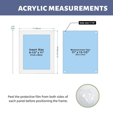 Diagram of a crystal-clear floating picture frame with diamond-polished acrylic edges and durable silver aluminum standoffs, plus a complete wall mount kit. Display sizes 8.5x11 and 11x13.5 inches shown.