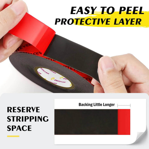 Close-up of heavy duty double sided tape with acrylic foam, showing red protective layer being peeled back, 1 inch by 16.4 feet.