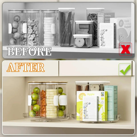 4 Pack 9.5 Inch Clear Acrylic Lazy Susan Turntable Organizer With Pillars For Cabinet Refrigerator Pantry And Vanity Makeup Bathroom Countertop DIY Two Tier Or Single Layer Spin Storage For Kitchen And Vanity showing organized pantry after use.