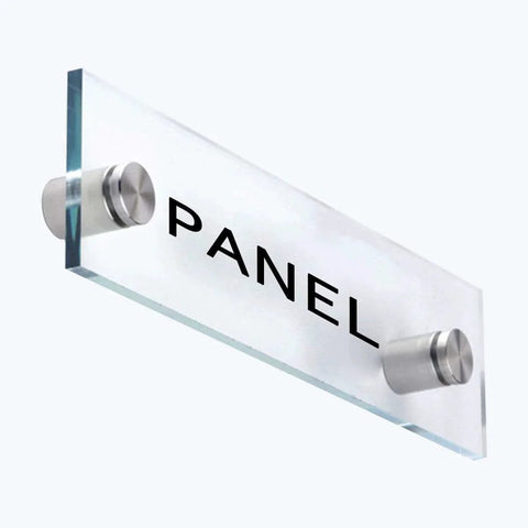Glass sign mounted with stainless steel standoff screws, showcasing "PANEL" text, part of 20 pack by Lantee for acrylic displays.