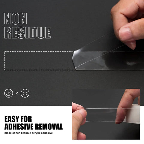 Heavy Duty Clear Double Sided Tape Half Inch Wide Ten Foot Roll Acrylic Mounting Adhesive For Sign Photo Poster Picture Mount Waterproof Weatherproof Removable Yet Rock Solid And Easy To Use shown in hand being unrolled