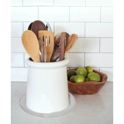 2 Pack 8 Inch Clear Acrylic Turntable Organizer with ceramic utensil holder on kitchen counter
