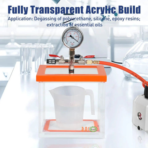 1.5 Gallon Acrylic Vacuum Chamber For Resin Degassing Kit with silicone gasket in lab setting, view of gauge and hose, clear chamber