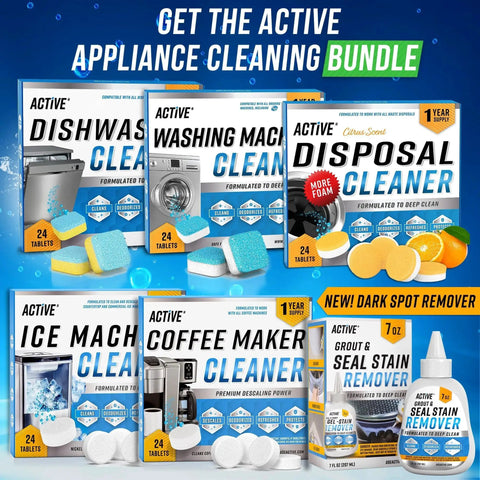 Active appliance cleaning bundle including dishwasher, washing machine, disposal, ice maker, coffee maker cleaners, and grout stain remover