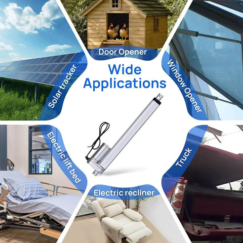 Collage showing various uses for an actuator including solar tracker, door and window openers, electric bed, recliner, and truck lift.