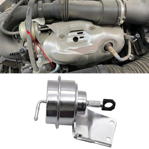 Turbo wastegate vacuum actuator for Acura RDX K23A1, 49389-01020; aluminum housing, two views: installed and detached.