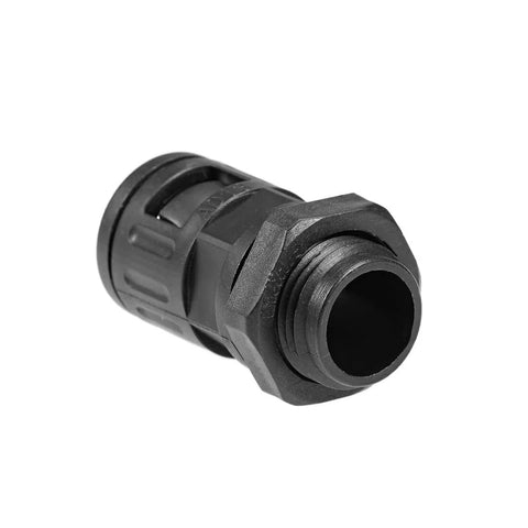 AD13 Corrugated Cable Gland Connector For Conduits M16 Thread 8 Pack Beefed Up Heavy Duty Pipe Joint Clamp, black plastic, side view.
