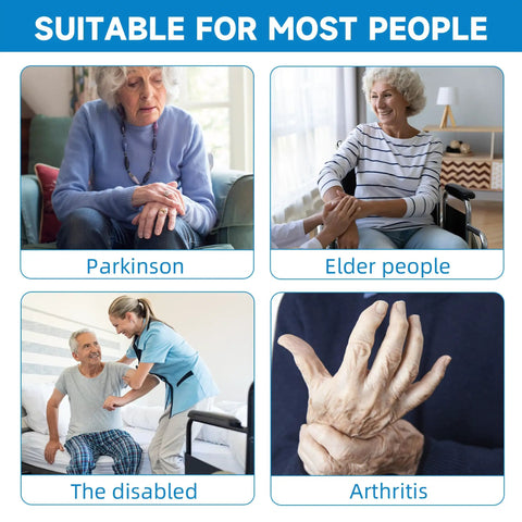 Images showing seniors and disabled individuals using dressing aids suitable for Parkinson's, arthritis, and limited mobility.