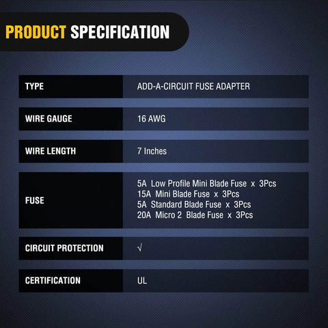 12 Pack 12V Car Add A Circuit Fuse Tap Kit product specification chart with wire gauge, length, fuse types, and certification