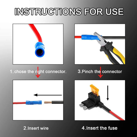 Instructions for using 16 Pack Car Add A Circuit Fuse Tap Kit With Four Tap Types Standard Mini Micro2 And Low Profile 12V Fuse Taps