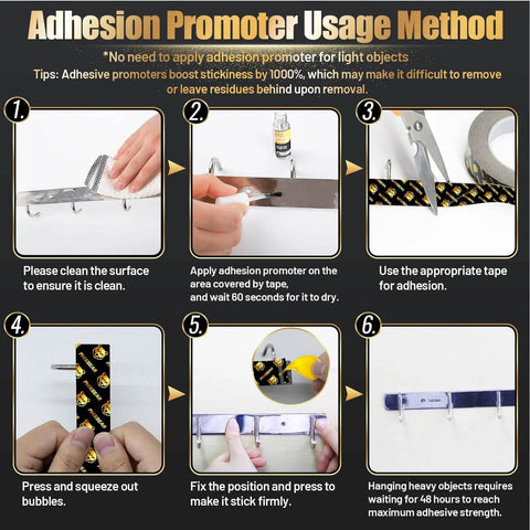 Adhesion promoter application steps with visuals; clean surface, apply promoter, apply Pro Plus Heat Resistant Heavy Duty Foam Tape