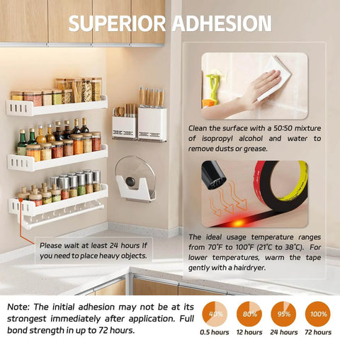 Kitchen wall with spice rack; image demonstrating Heavy Duty Double Sided Tape 1 Inch By 16 And A Half Feet use on smooth surfaces.