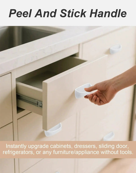 8 Pack Adhesive Cabinet Handles Peel and Stick Drawer Pulls White No Drill installed on kitchen drawer