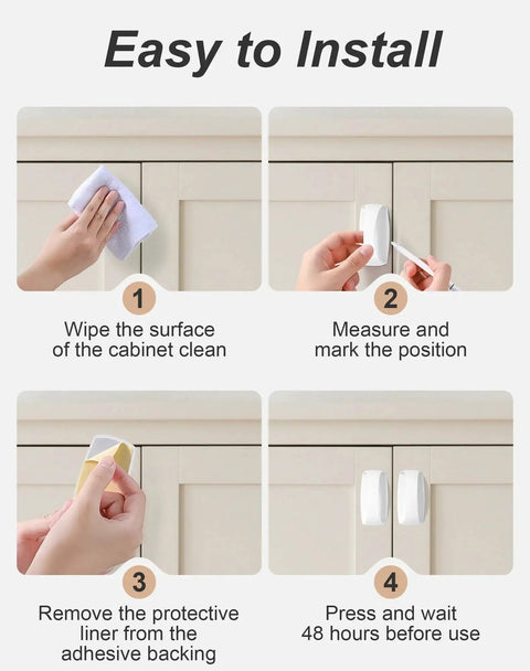 Installation guide for 8 Pack Adhesive Cabinet Handles Peel and Stick Drawer Pulls White, showing cleaning, positioning, and application steps.