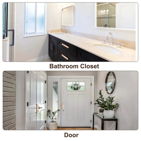 2 Pack Adhesive Cabinet Handles 9.6 Inch No Drill Stick On Drawer Pulls Aluminum Alloy Silver Tone installed on bathroom closet and door