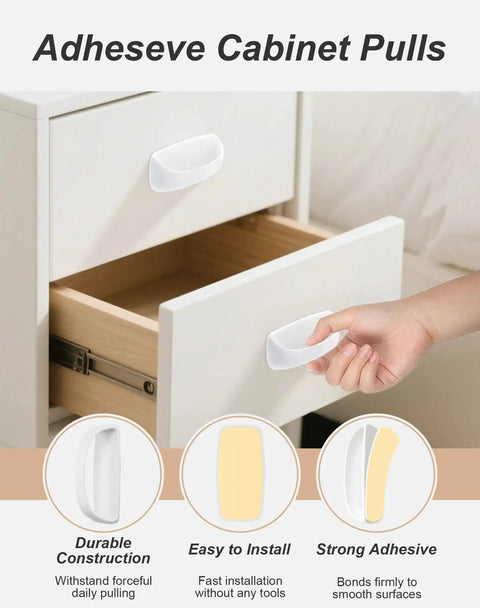 Hand using 8 Pack Adhesive Cabinet Handles Peel and Stick Drawer Pulls White No Drill Easy Stick On Furniture Hardware on drawer