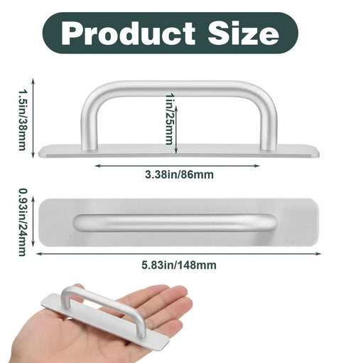 Product dimensions of Adhesive Cabinet Handles 2 Pack 5.8 Inch No Drill Push Pull Self Stick Installation, shown in hand and diagram.