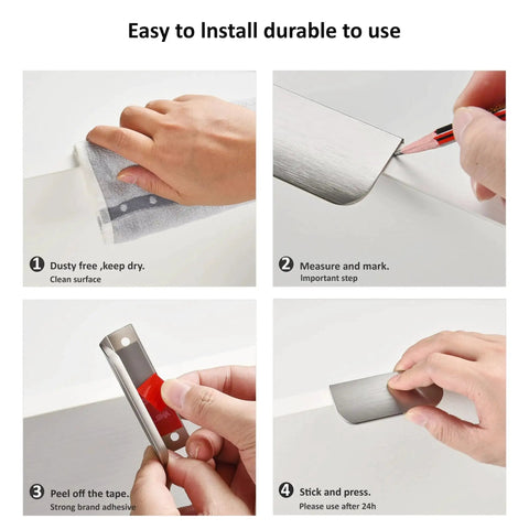Edge Finger Pulls for Cabinets Brushed Nickel 3.15 Inch Pack of 5 Peel and Stick No Drill installation steps, showing adhesive use.