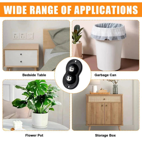 24 Pcs Self Adhesive Caster Wheels 360 Degree Swivel Silent Rollers Set shown on bedside table, garbage can, flower pot, storage box