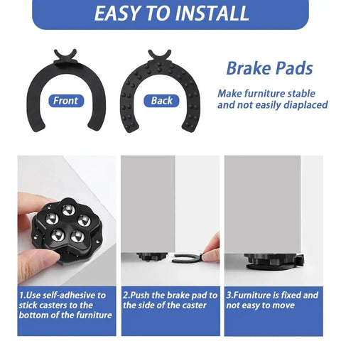 8 Pcs Self Adhesive Caster Wheels Stainless Steel 360 Degree Swivel Low Profile Rollers With Brake Pads installation guide.