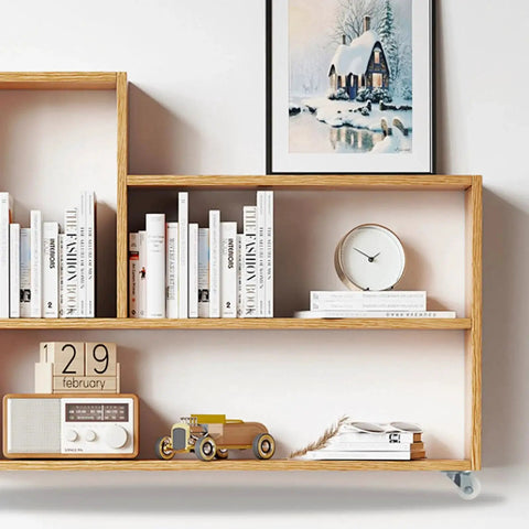 Bookshelf with books, clock, and decor mounted on self adhesive caster wheel set four pack heavy duty swivel casters with 360 degree rotation for carts furniture and storage boxes 50mm by 40mm easy install adhesive mount.