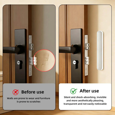 Before and after using Clear Self Adhesive Door Silencers Long Strips Ultra Quiet Rubber Cabinet Bumpers on a door.