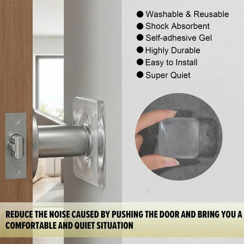 Close-up of installed 12 Pack Clear Adhesive Door Stoppers Wall Protectors, 1.57 Inch Square Bumpers in use, reducing door noise.