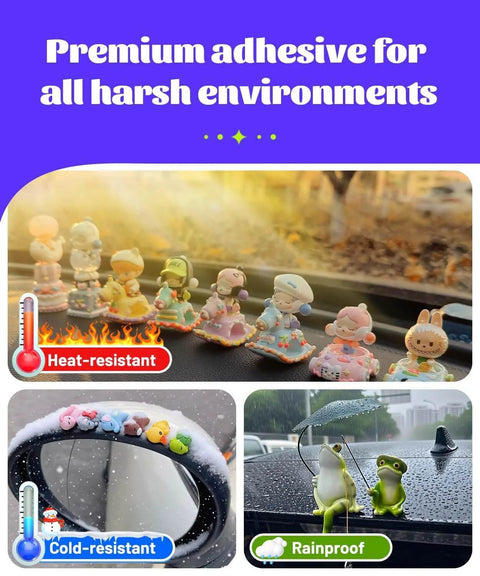 Removable Car Double Sided Glue Dots For Dash Decor holding various decorative figures in heat, cold, and rain environments.