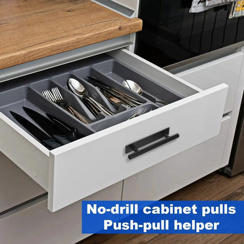 Open kitchen drawer with Self Stick Push Pull Drawer Pulls Adhesive Handles for cabinets, featuring black peel-and-stick handle.