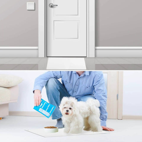 Man applying Adhesive Floor Mat Set of 10 With 300 Sheets 17 x 13 Inch Sticky Mats near entryway for dust and dirt control with pet