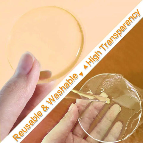 Six Pack Adhesive Door Stopper Wall Protectors Clear Gel Bumpers shown as disc shape being held and cleaned