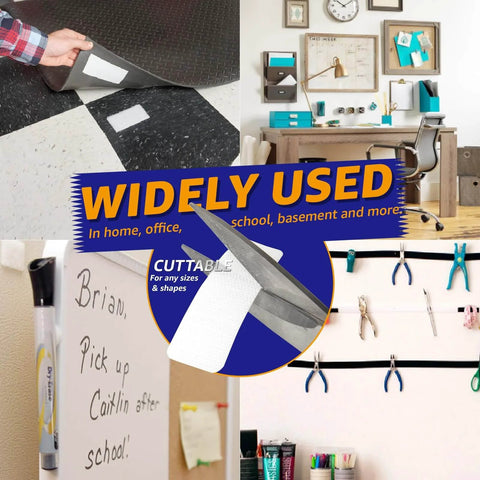 Heavy Duty Adhesive Hook And Loop Tape Strips 16 Sets 1 By 3 Inch Double Sided Fasteners With Strong Back Adhesive Residue Free Mount For Fabric School Office Dorm Home Use White showing versatile usage in various settings.