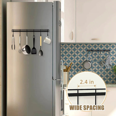 Kitchen Utensil Hanger, Adhesive Utensil Holder Wall Mount Kitchen Rack Rail with 12 Hooks, black, installed on a fridge with utensils