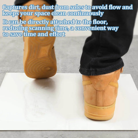 Image showing shoes stepping on Adhesive Floor Mat Set of 10 With 300 Sheets 17 x 13 Inch Sticky Mats To Trap Dust And Dirt.