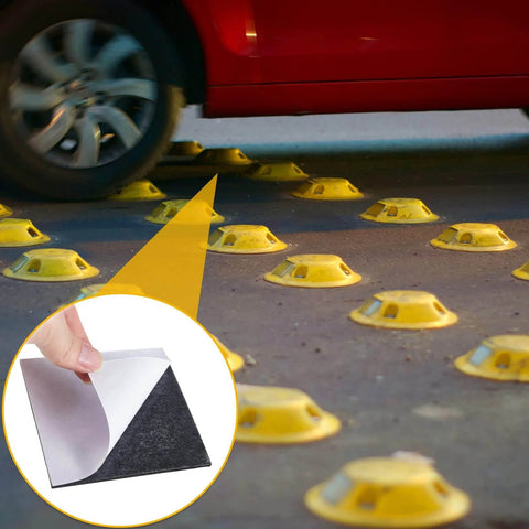 20 Pcs Adhesive Pads For Road Reflectors shown with yellow road markers on asphalt, close-up of black adhesive pad in use