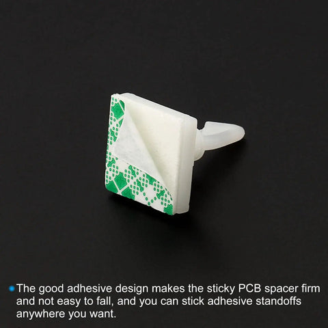 Sticky PCB Spacer Kit With 24 Adhesive Standoffs 0.37 Inch Height Insulated White Mounts shown with adhesive backing