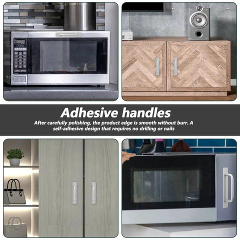 Adhesive Cabinet Handles Peel And Stick No Drill Silver Five Point Five Inch Drawer Pulls installed on various surfaces.