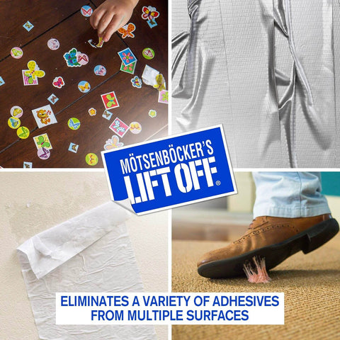 Motsenbocker's Lift Off 40701 Tape, Label, and Adhesive Remover safely removes from various surfaces like floors and walls.