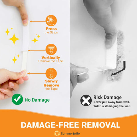 Illustration of damage-free removal using Picture Hanging Strips 40 Strips 20 Pairs Damage Free Removal Wall Hangers Without Nails Adhesive Strips.