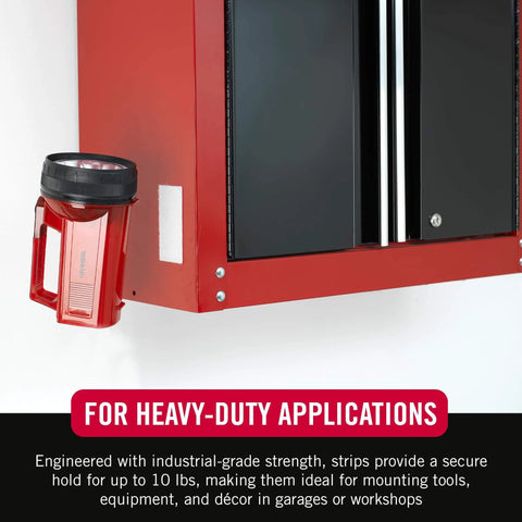 Heavy Duty No Nail Stick On Adhesive Strips For Hassle Free Quick Mounting Indoor Outdoor Use 4 Inch By 2 Inch 2 Pack Holds Up To 10 Lbs On Smooth Surfaces Great For Plastic Metal Painted Wallboard in use holding a flashlight on a metal cabinet.