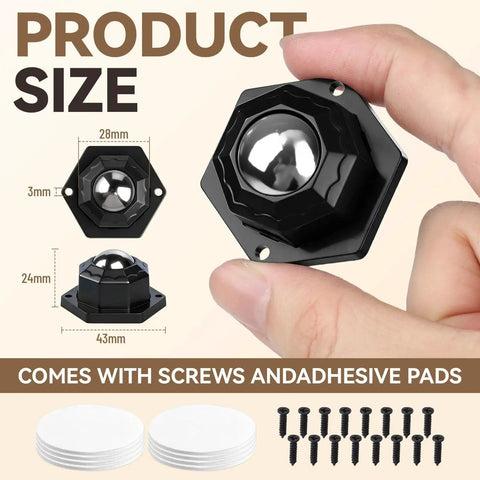 Close-up of a hand holding a 1-inch heavy duty self adhesive swivel caster wheel with screws and adhesive pads shown below.